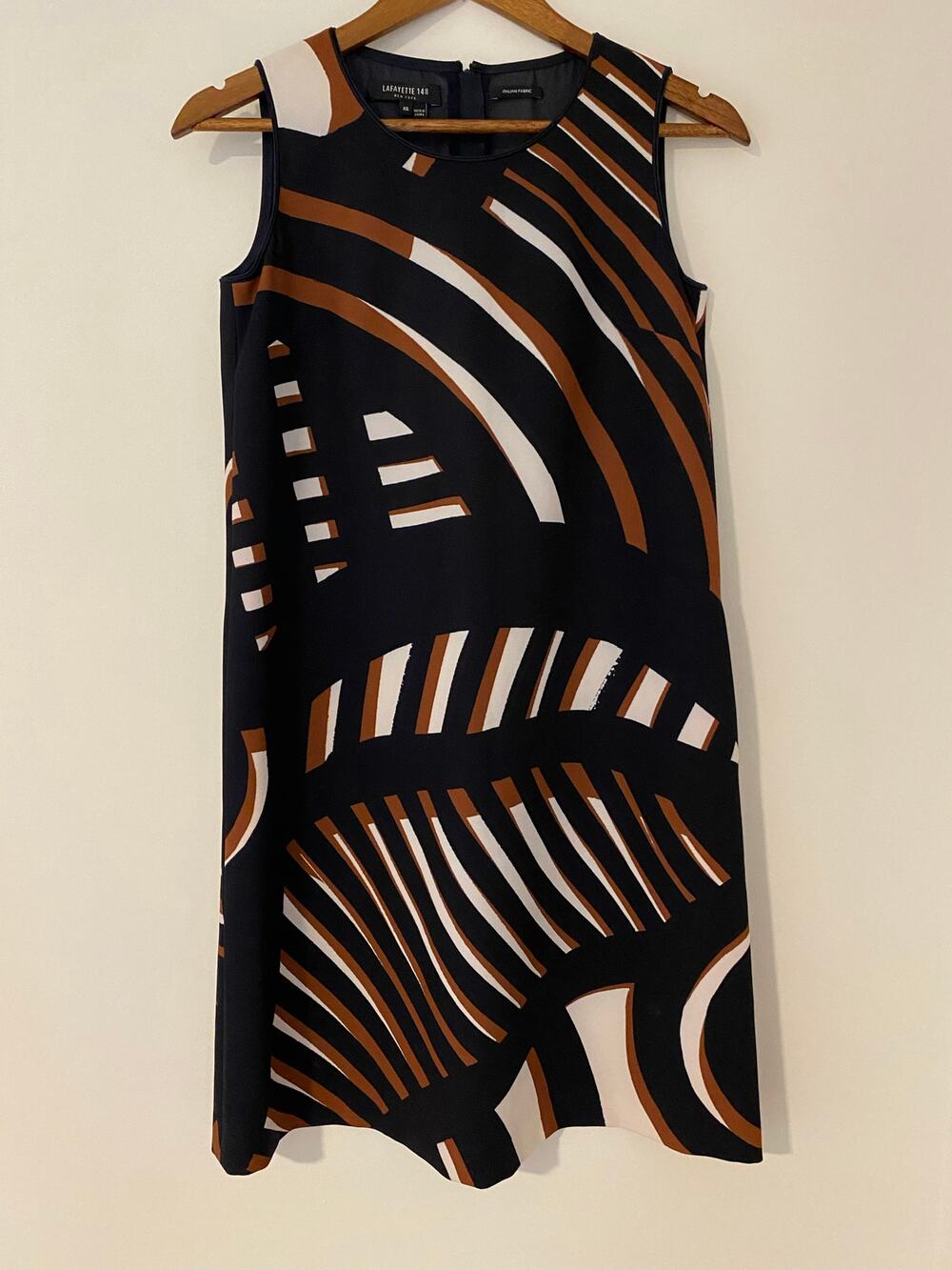 Lafayette 148 XS Italian Fabric Sleeveless Career Dress Navy Blue White Brown
